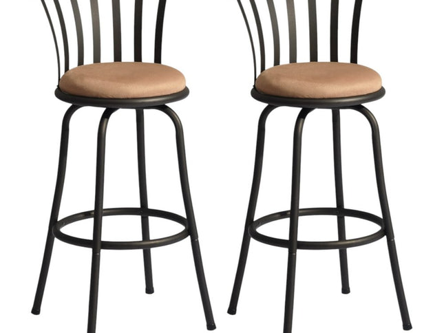 Set of Two 29" Brown and Black Microfiber and Metal Low Back Bar Height Swivel Bar Chairs