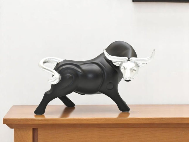 5" Black And Silver Resin Bull Tabletop Sculpture