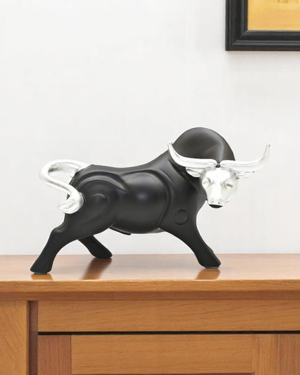 5" Black And Silver Resin Bull Tabletop Sculpture