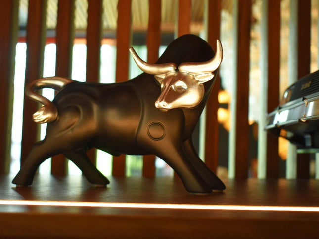 5" Black And Silver Resin Bull Tabletop Sculpture