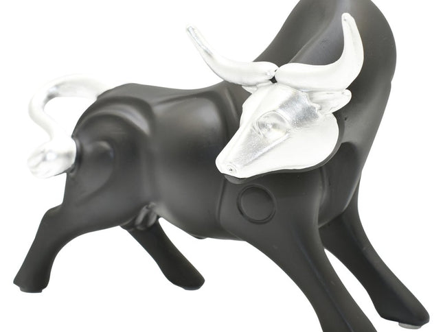 5" Black And Silver Resin Bull Tabletop Sculpture