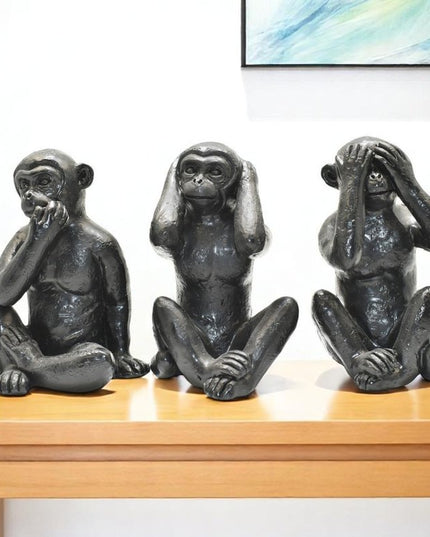 Set of Three Black Resin Monkey Tabletop Sculpture