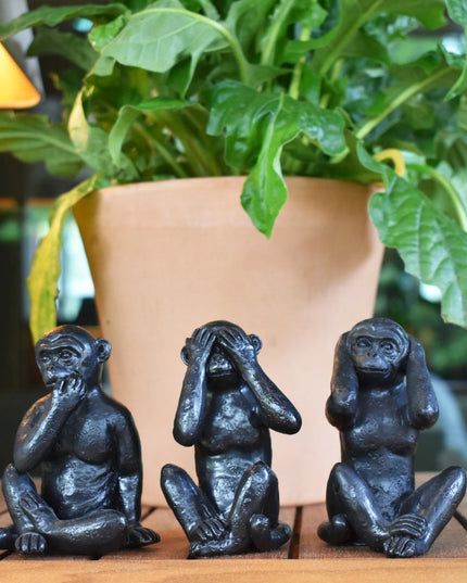 Set of Three Black Resin Monkey Tabletop Sculpture
