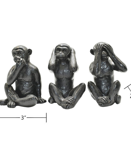 Set of Three Black Resin Monkey Tabletop Sculpture