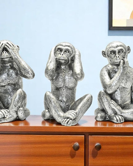 Set of Three Silver Resin Monkey Tabletop Sculpture