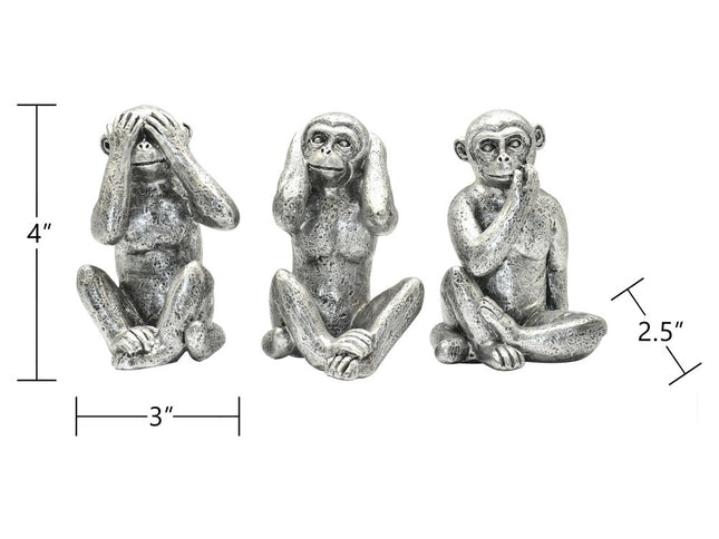 Set of Three Silver Resin Monkey Tabletop Sculpture