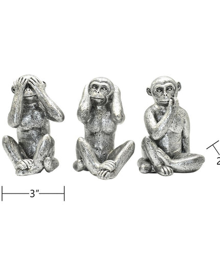 Set of Three Silver Resin Monkey Tabletop Sculpture