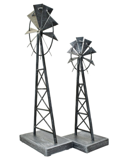 Set of Two Pewter Metal Windmill Tabletop Sculpture