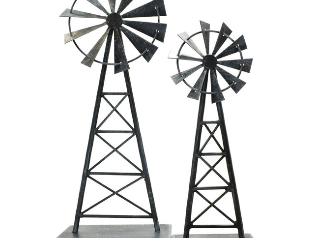 Set of Two Pewter Metal Windmill Tabletop Sculpture
