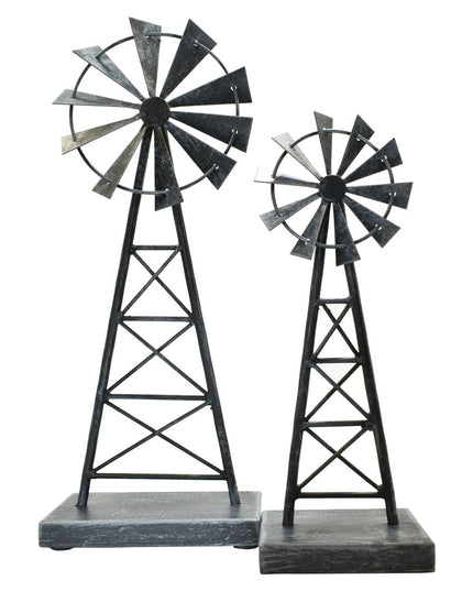 Set of Two Pewter Metal Windmill Tabletop Sculpture