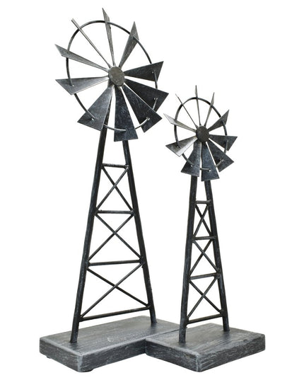 Set of Two Pewter Metal Windmill Tabletop Sculpture