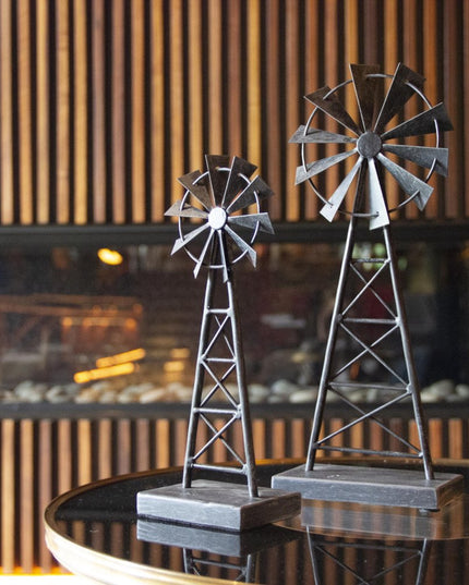 Set of Two Pewter Metal Windmill Tabletop Sculpture