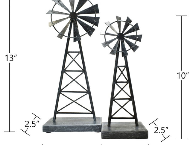 Set of Two Pewter Metal Windmill Tabletop Sculpture