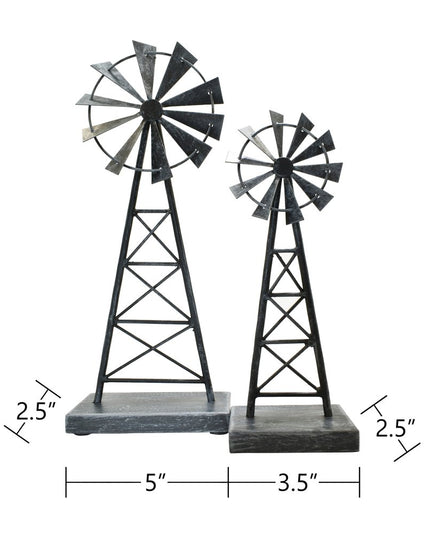 Set of Two Pewter Metal Windmill Tabletop Sculpture