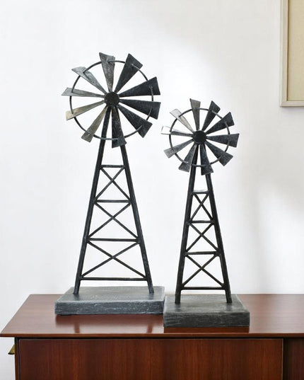 Set of Two Pewter Metal Windmill Tabletop Sculpture