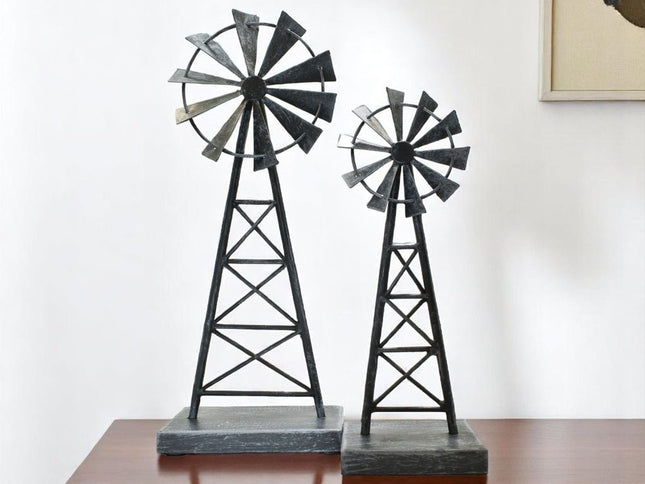 Set of Two Pewter Metal Windmill Tabletop Sculpture