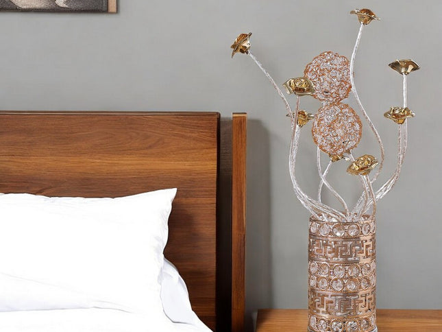22" Silver And Rose Gold Metal And Acrylic Flowers Bedside Lamp