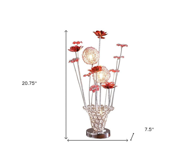 21" Silver and Clear Metal and Faux Crystal Red Roses Bedside Lamp