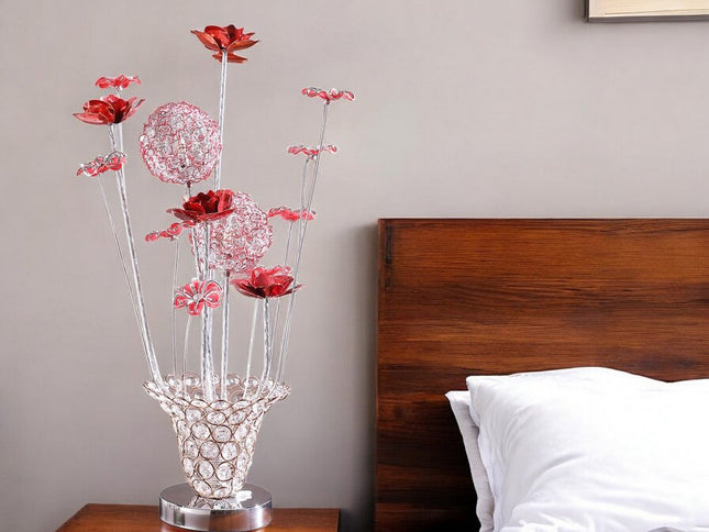 21" Silver and Clear Metal and Faux Crystal Red Roses Bedside Lamp