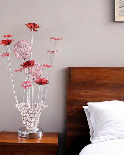 21" Silver and Clear Metal and Faux Crystal Red Roses Bedside Lamp