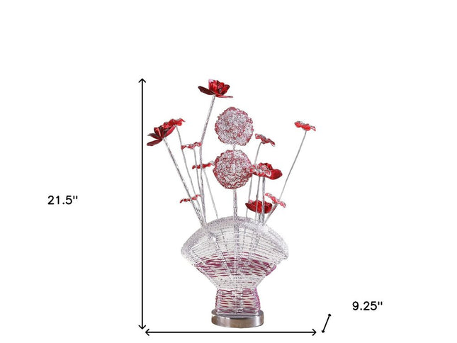 22" Silver and Clear Metal and Acrylic Red Rose Bedside Lamp