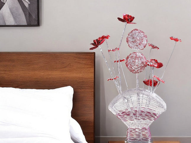 22" Silver and Clear Metal and Acrylic Red Rose Bedside Lamp