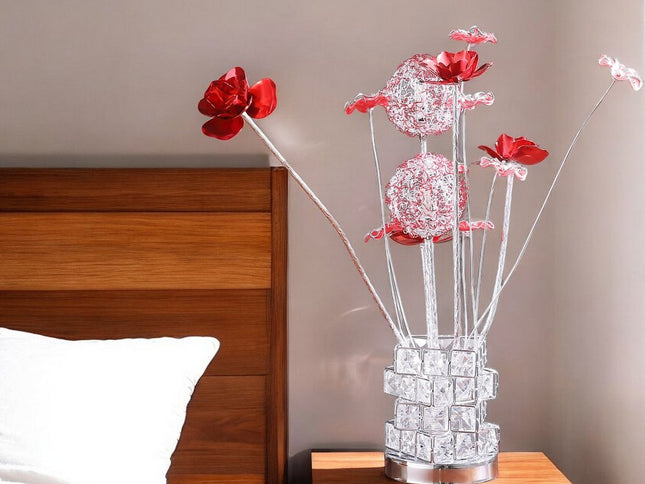 21" Silver and Clear Metal and Faux Crystal Geometric And Roses Bedside Lamp