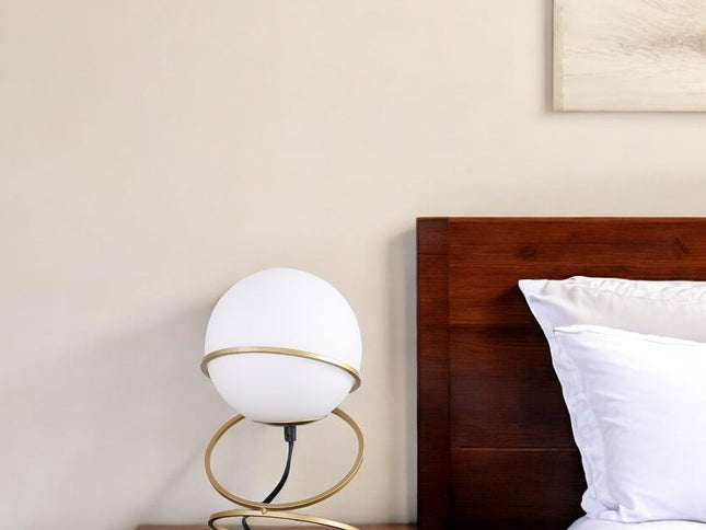 14" Gold Metal Geo Spiral Bedside Lamp With White Globe Shade