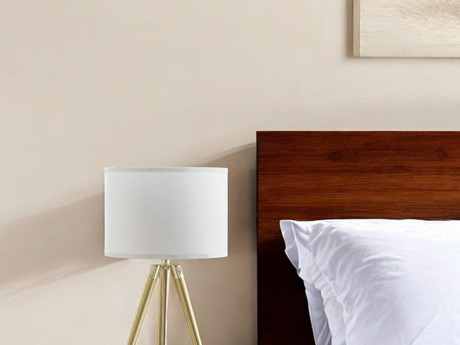 Gold Metal Adjustable Height Tripod Table Lamp With White Drum Shade
