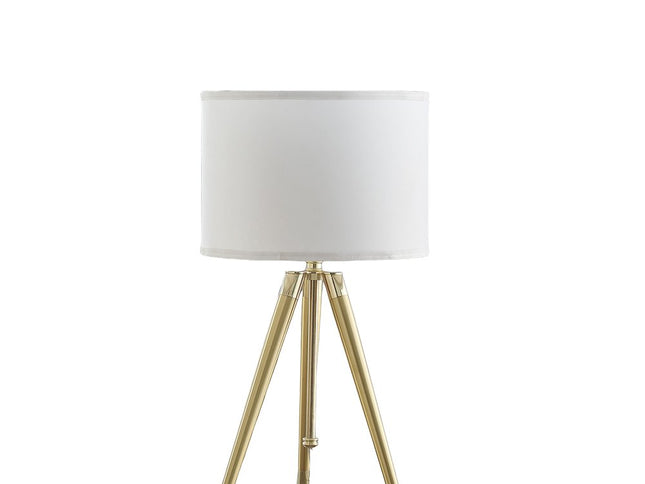 Gold Metal Adjustable Height Tripod Table Lamp With White Drum Shade