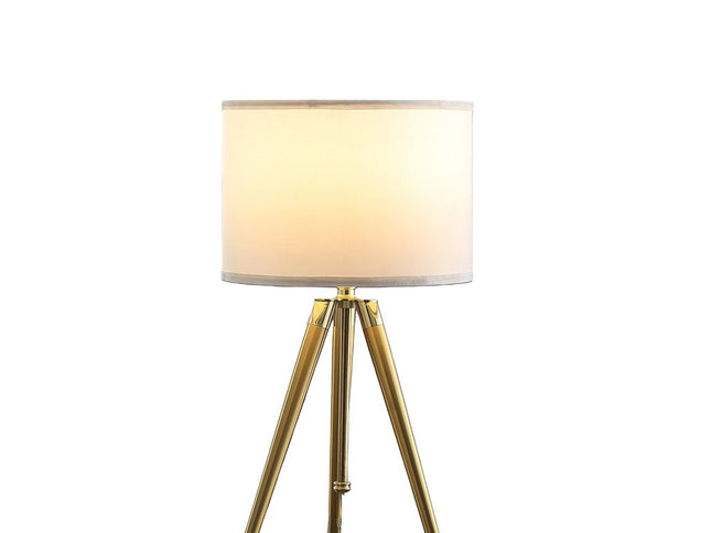Gold Metal Adjustable Height Tripod Table Lamp With White Drum Shade