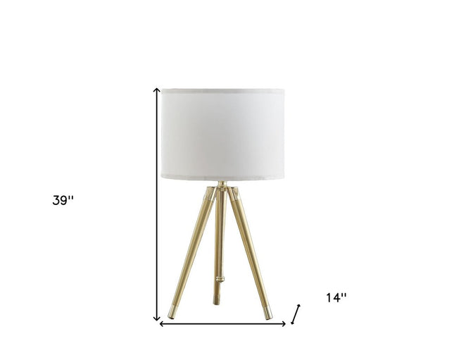 Gold Metal Adjustable Height Tripod Table Lamp With White Drum Shade