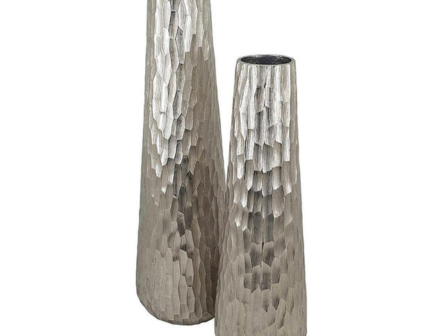 Set of Two Silver Cast Aluminum Textured Table Vases