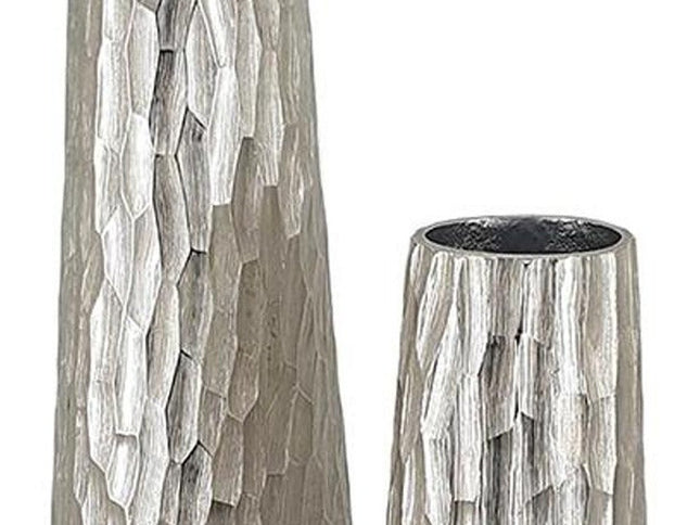 Set of Two Silver Cast Aluminum Textured Table Vases