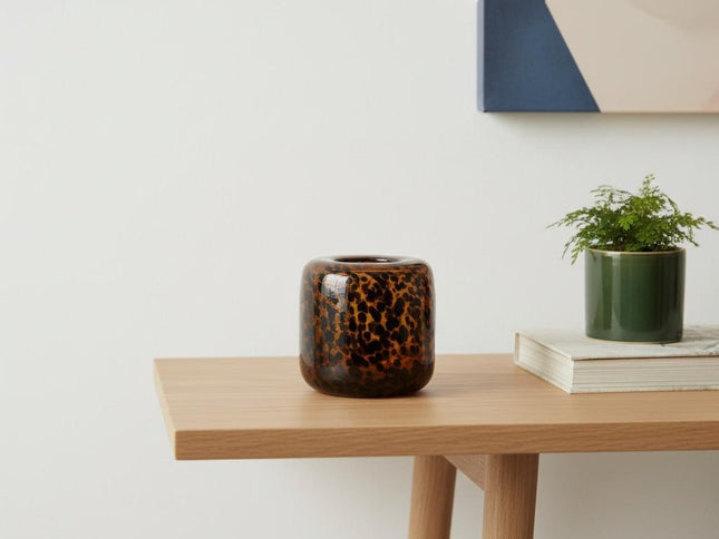 8" Amber And Black Animal Print Glass Round Table Vase