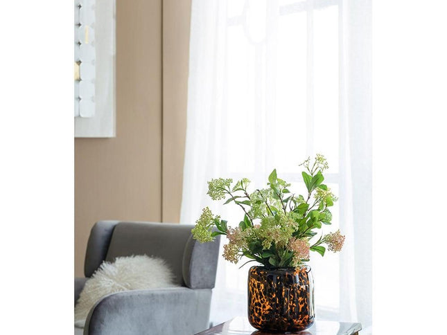 8" Amber And Black Animal Print Glass Round Table Vase