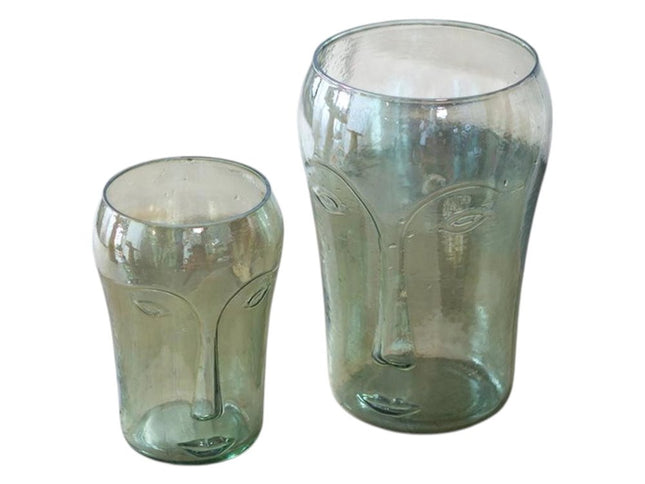 Set of Two Light Green Glass Modern Abstract Faces Table Vases