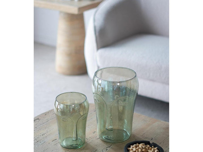 Set of Two Light Green Glass Modern Abstract Faces Table Vases