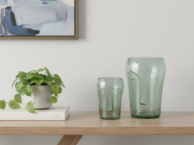 Set of Two Light Green Glass Modern Abstract Faces Table Vases