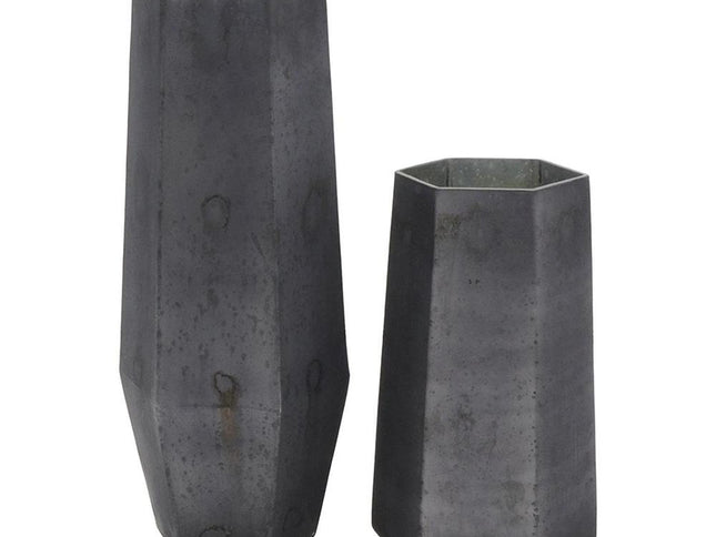 Set of Two Black Hexagonal Glass Table Vases