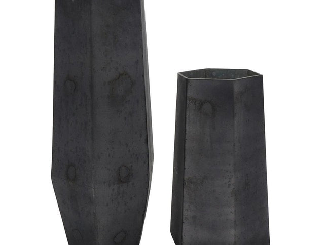 Set of Two Black Hexagonal Glass Table Vases