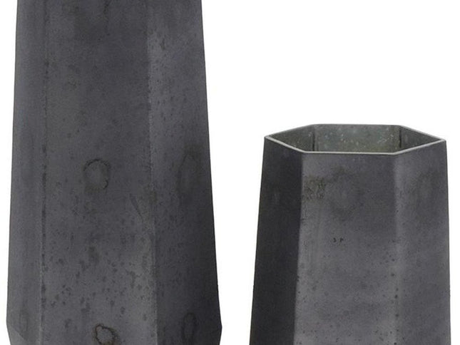 Set of Two Black Hexagonal Glass Table Vases