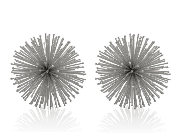 Set of Two Silver Iron Decorative Spiky Sphere Tabletop Sculpture