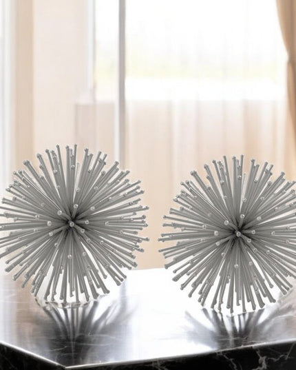 Set of Two Silver Iron Decorative Spiky Sphere Tabletop Sculpture