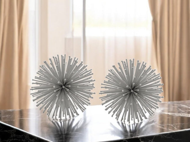 Set of Two Silver Iron Decorative Spiky Sphere Tabletop Sculpture