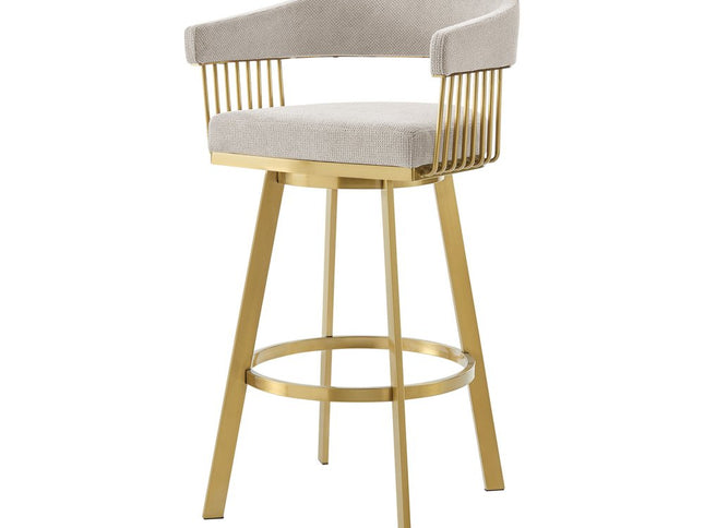 30" Taupe and Gold Fabric and Stainless Steel Low Back Bar Height Swivel Bar Chair
