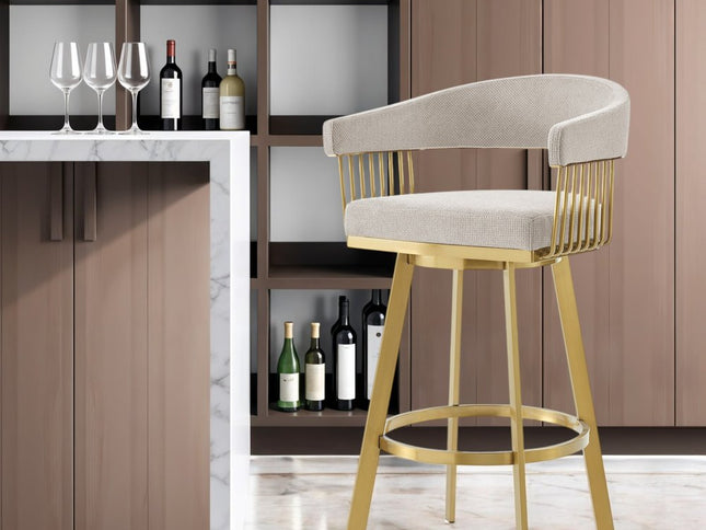 30" Taupe and Gold Fabric and Stainless Steel Low Back Bar Height Swivel Bar Chair