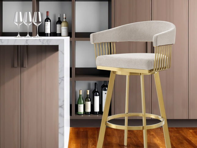 30" Taupe and Gold Fabric and Stainless Steel Low Back Bar Height Swivel Bar Chair