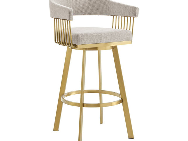 30" Taupe and Gold Fabric and Stainless Steel Low Back Bar Height Swivel Bar Chair