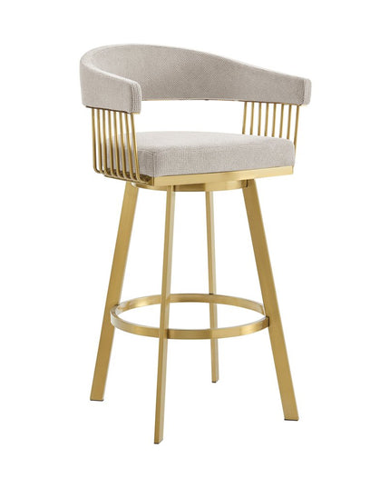 30" Taupe and Gold Fabric and Stainless Steel Low Back Bar Height Swivel Bar Chair